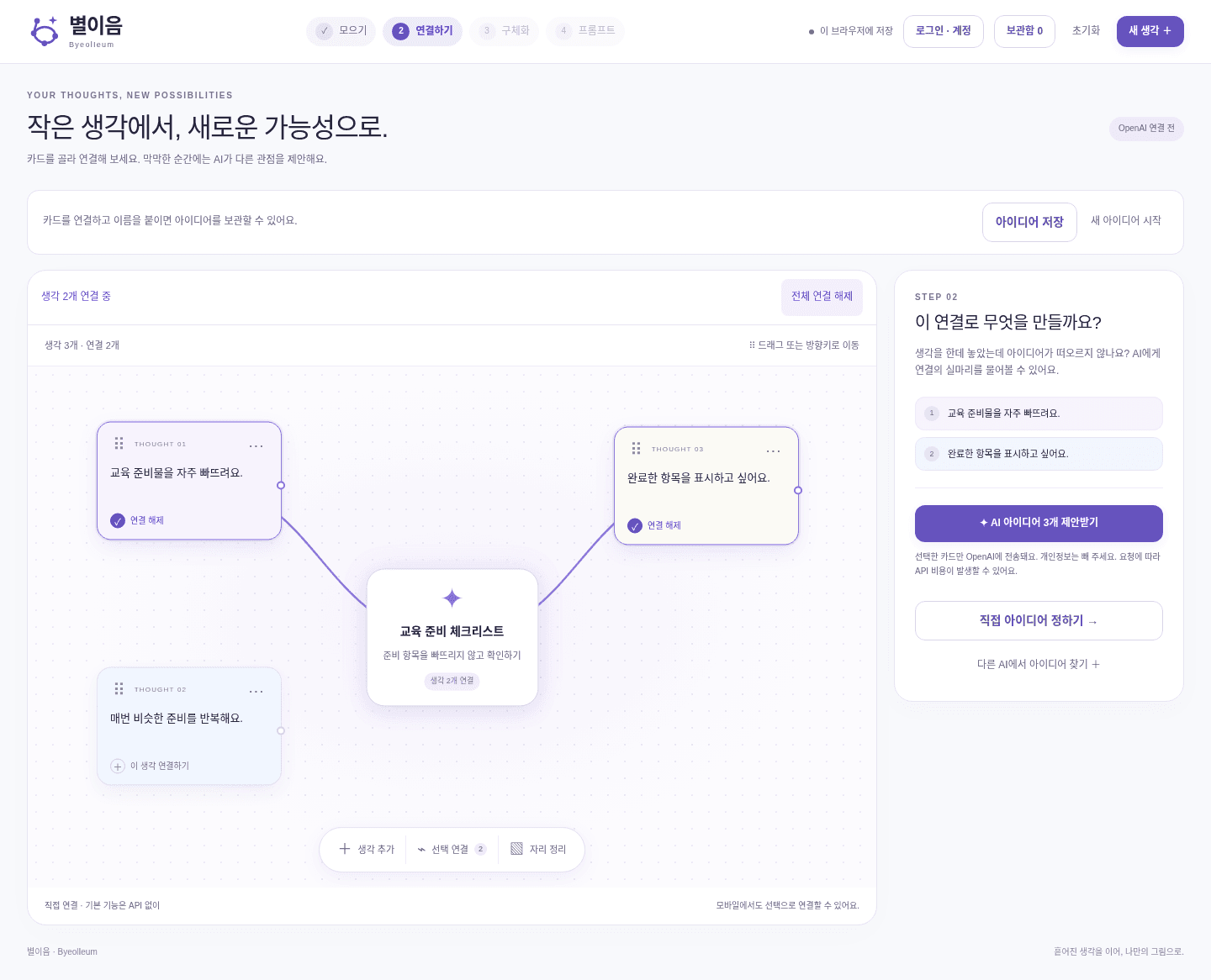 생각 카드 세 장 중 두 장을 선으로 이어 ‘교육 준비 체크리스트’ 아이디어를 만든 별이음 캔버스